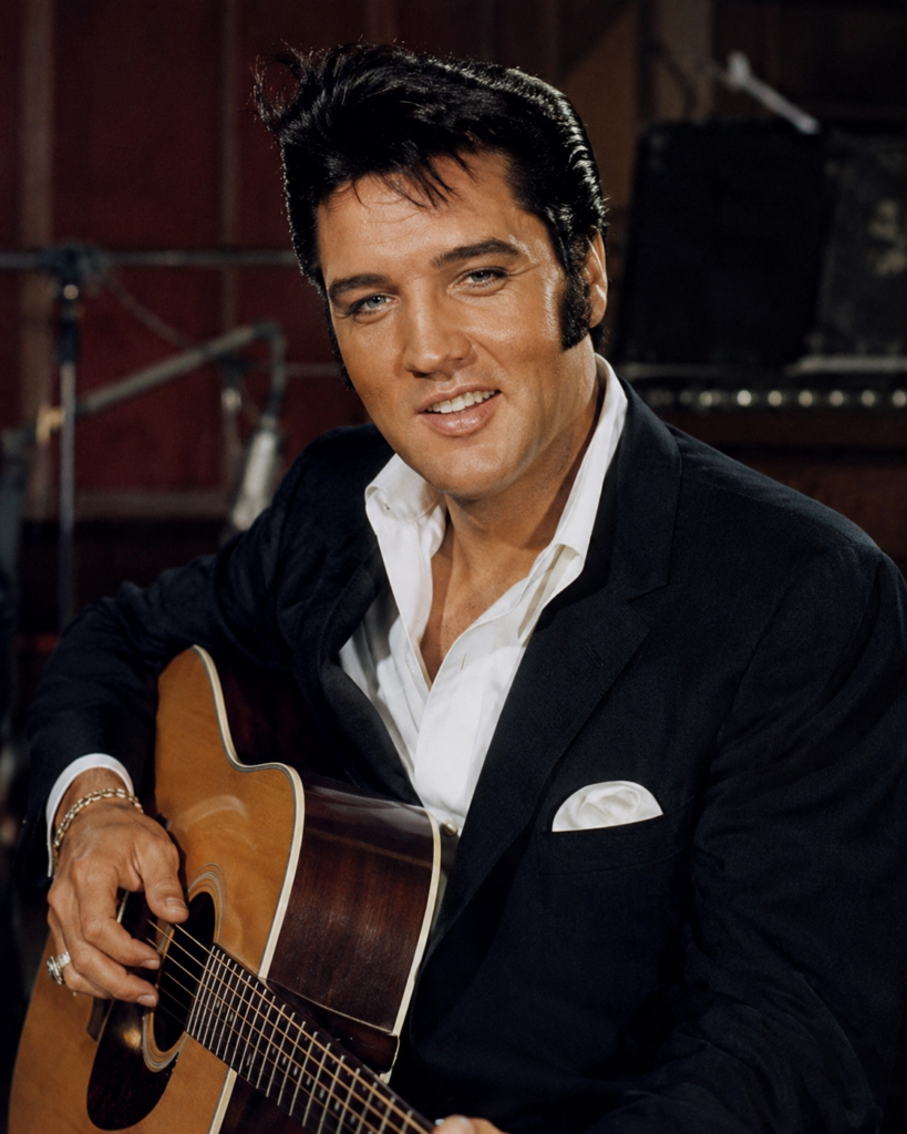 A smiling man holding an acoustic guitar, wearing a black suit and white shirt with a handkerchief in his jacket pocket.