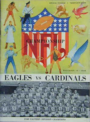1948 NFL Championship program featuring a colorful illustration with players, a football, and the NFL logo, highlighting the matchup between the Eagles and Cardinals.