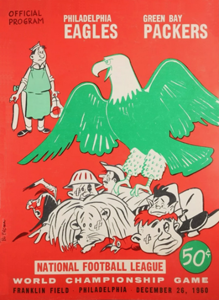 Vintage program cover for the 1960 NFL World Championship Game featuring illustrations of Philadelphia Eagles and Green Bay Packers with a large eagle and cartoon fans