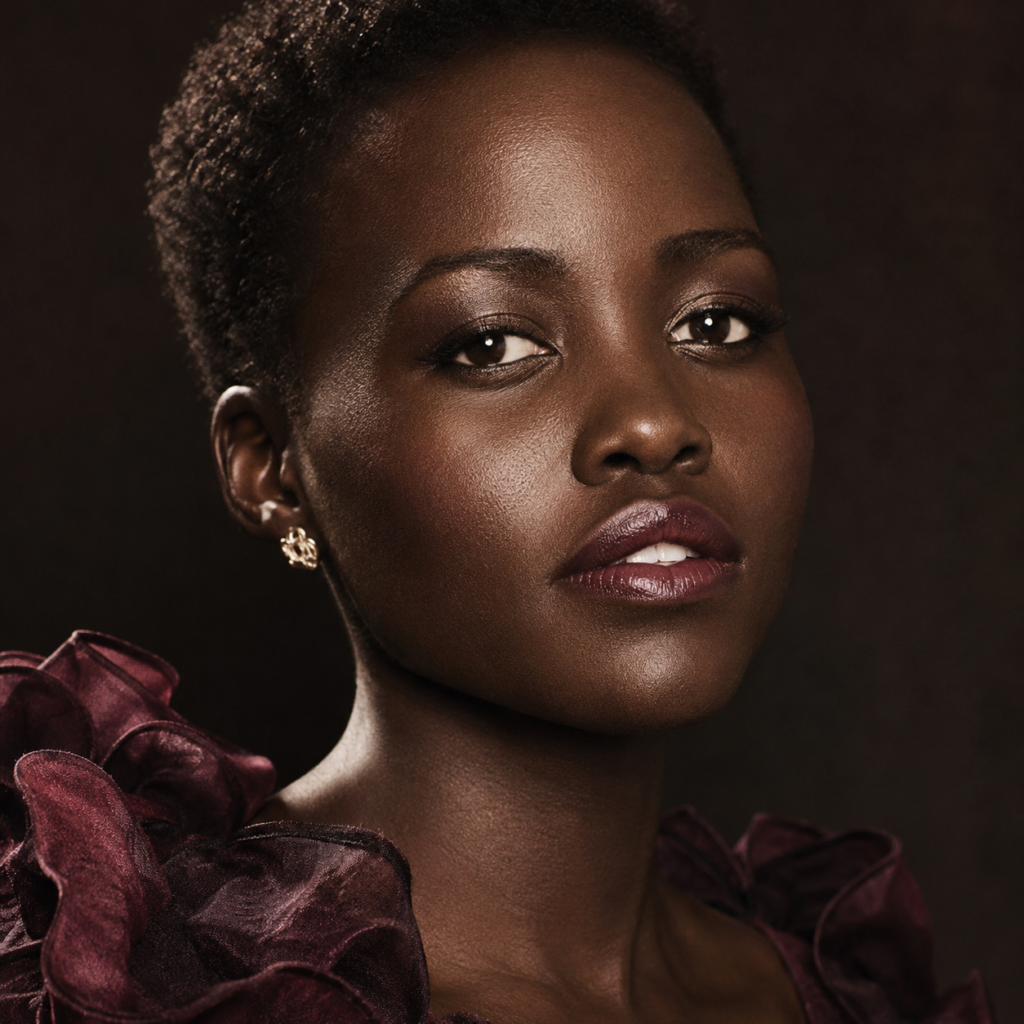 Close-up portrait of a woman with short hair, wearing a burgundy dress with ruffled details, against a dark background.