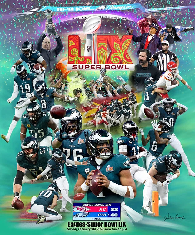 Collage celebrating the Philadelphia Eagles' victory in Super Bowl LIX, featuring multiple players in action, confetti, and display of the final score against the Kansas City Chiefs, February 9, 2025, in New Orleans.