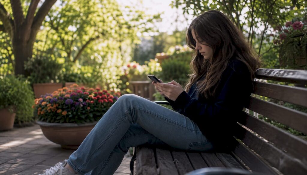Teen girl scrolling smartphone on sofa