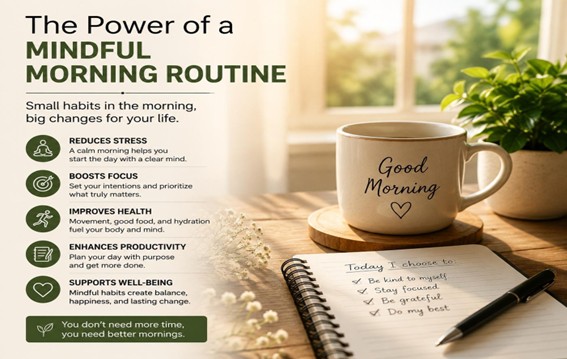 A serene morning scene featuring a coffee mug with 'Good Morning' text, a notebook with a list titled 'Today I choose to', and greenery in the background, illustrating the benefits of a mindful morning routine.