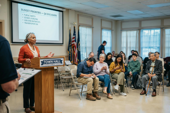 A woman speaks at a town hall meeting, addressing community members seated in chairs. A presentation slide visible in the background lists budget priorities such as public safety, school funding, housing initiatives, and transportation.