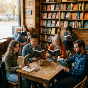 Five people reading books around a table in a cozy bookstore